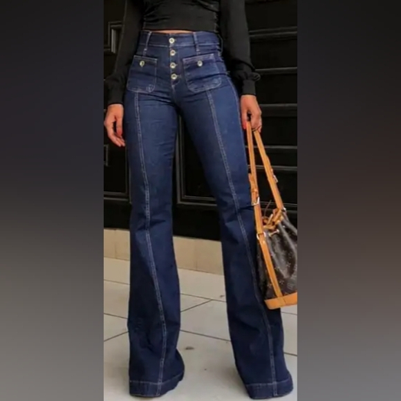 Button Up High Rise Flare Jeans - Picture 1 of 5